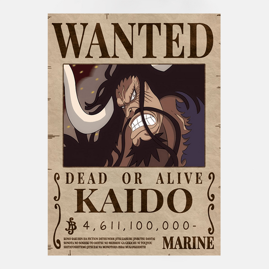 Fan de One Piece ? Tremblez devant l'avis de recherche à l'effigie de la prime du légendaire Kaido, parfait pour les passionnés de l'univers pirate !