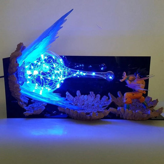 Illuminez votre espace avec la lampe Sangoku Kamehameha, une pièce unique mettant en scène la puissance de Goku de Dragon Ball Z.