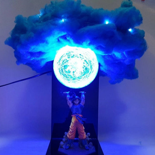 Lampe Goku Genkidama de Dragon Ball Z en action, créant une ambiance bleutée apaisante.