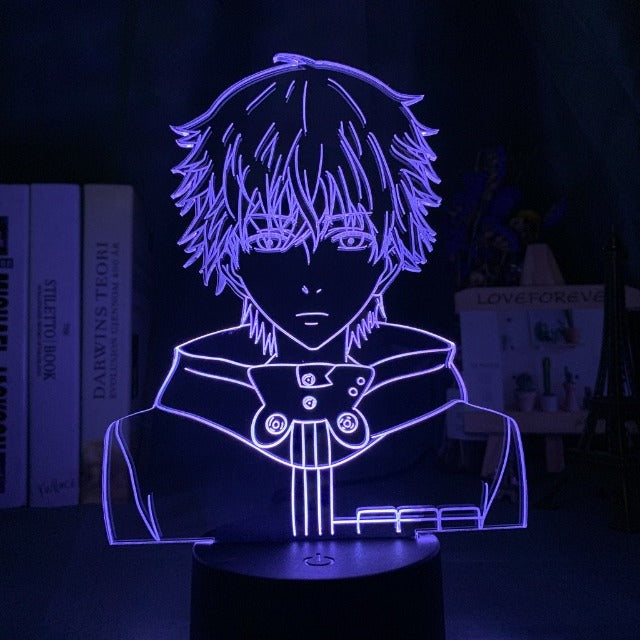 Une lampe LED acrylique aux couleurs de Tokyo Ghoul représentant Ken Kaneki, parfaite pour illuminer et décorer votre espace avec style