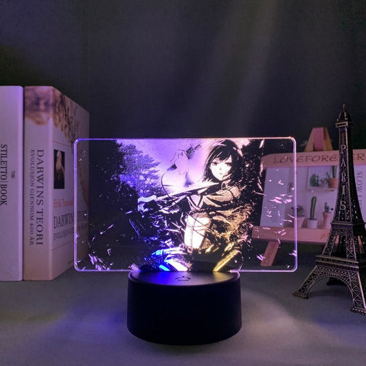 Lampe Atmosphère Attaque des Titans : Sublimez votre espace avec cette lampe acrylique représentant Mikasa, offrant 7 couleurs au choix, avec ou sans télécommande, et alimentée par câble USB ou piles AA.