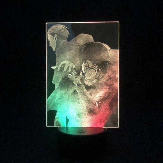 Lampe Atmosphère Attaque des Titans : Illuminez votre espace avec cette lampe acrylique représentant Livai et Erwin Smith, proposant 7 couleurs au choix, avec ou sans télécommande, alimentée par câble USB ou piles AA.