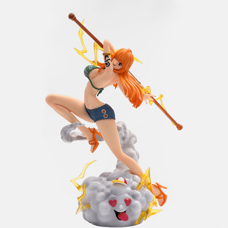 La figurine One Piece de Nami prête au combat, accompagnée de Zeus, prête à affronter n'importe quel danger.