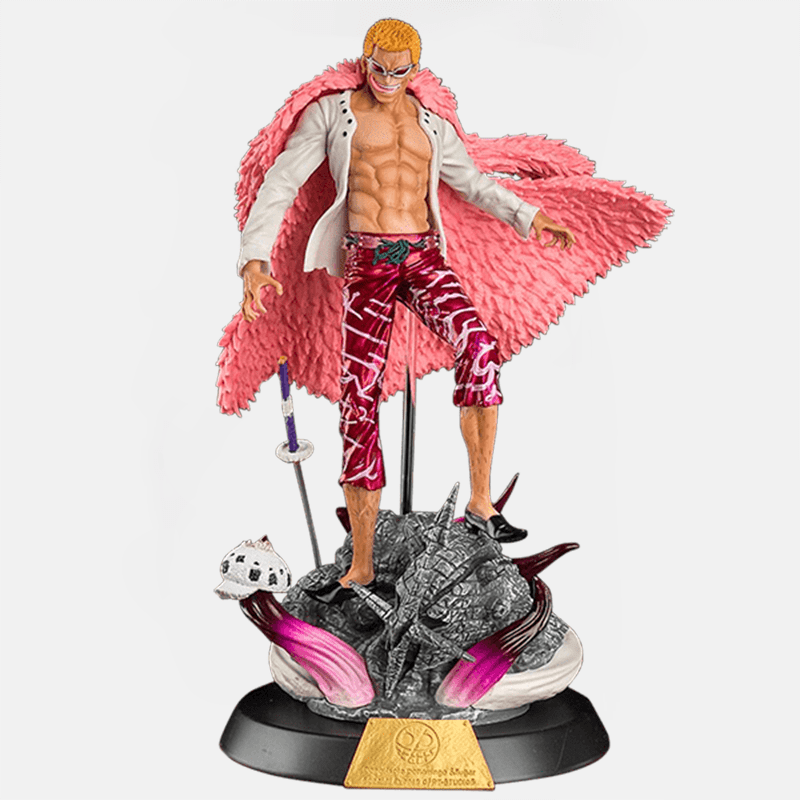 Découvrez le rire insidieux de Doflamingo dans l'univers de Dressrosa avec cette impressionnante figurine One Piece.