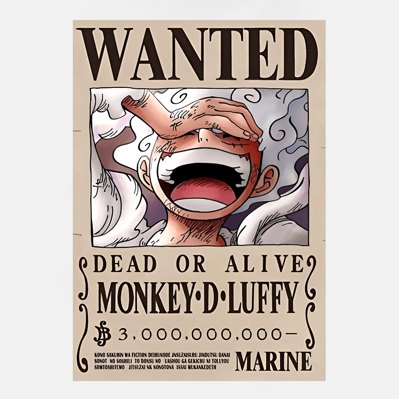 Procurez-vous l'avis de recherche du futur Roi des Pirates avec le poster Wanted One Piece à l'effigie de la prime de Luffy Gear 5 de chez HappyManga.